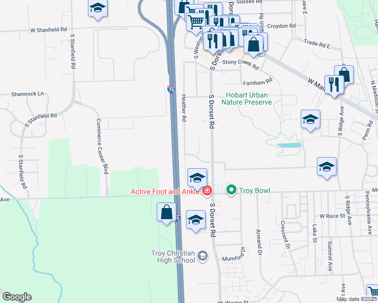 map of restaurants, bars, coffee shops, grocery stores, and more near 150 Heather Road in Troy