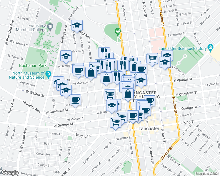 map of restaurants, bars, coffee shops, grocery stores, and more near 257 West Walnut Street in Lancaster