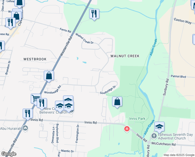 map of restaurants, bars, coffee shops, grocery stores, and more near 3545 Walnut Creek Drive in Columbus