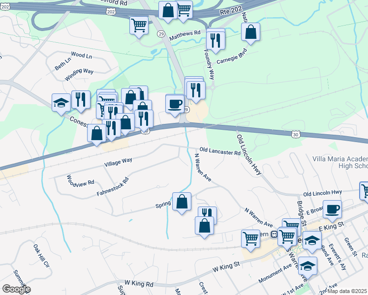 map of restaurants, bars, coffee shops, grocery stores, and more near 2 Old Lancaster Road in Malvern