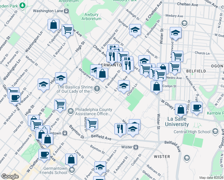 map of restaurants, bars, coffee shops, grocery stores, and more near 5612 Stokes Street in Philadelphia