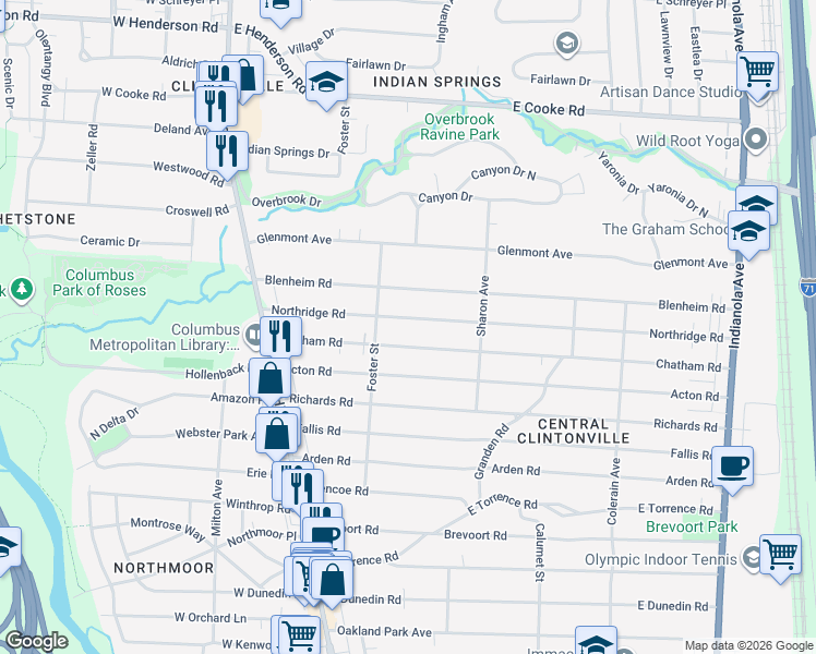map of restaurants, bars, coffee shops, grocery stores, and more near 199 Northridge Rd in Columbus