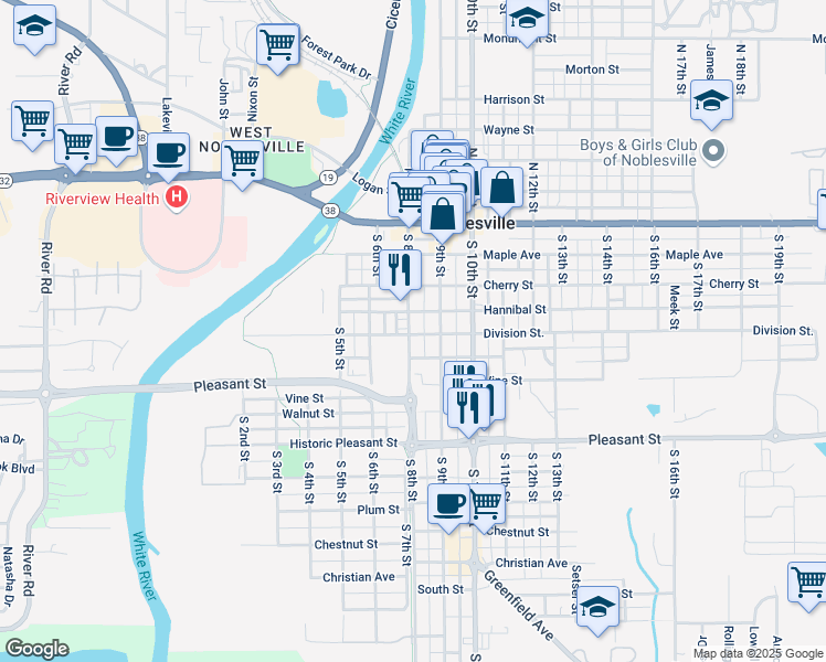 map of restaurants, bars, coffee shops, grocery stores, and more near 388 South 8th Street in Noblesville