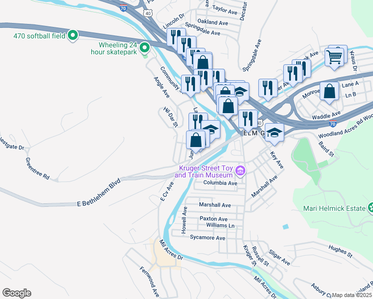 map of restaurants, bars, coffee shops, grocery stores, and more near Dorothy Avenue in Wheeling