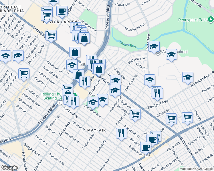 map of restaurants, bars, coffee shops, grocery stores, and more near 7242 Battersby Street in Philadelphia