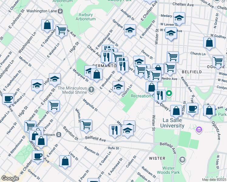 map of restaurants, bars, coffee shops, grocery stores, and more near 630 East Locust Avenue in Philadelphia