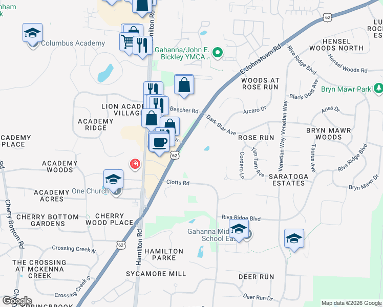 map of restaurants, bars, coffee shops, grocery stores, and more near 4200 East Johnstown Road in Columbus