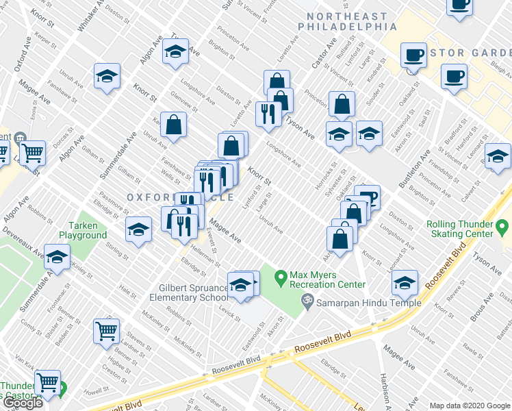 map of restaurants, bars, coffee shops, grocery stores, and more near 6704 Large Street in Philadelphia