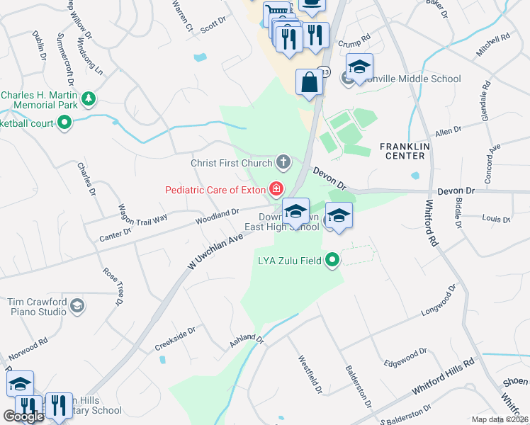 map of restaurants, bars, coffee shops, grocery stores, and more near 527 West Uwchlan Avenue in Downingtown