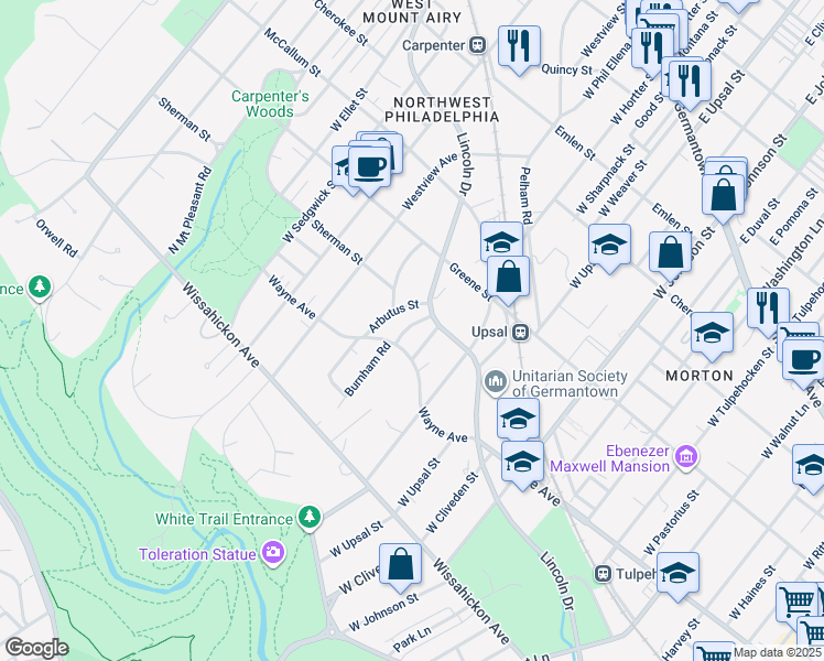 map of restaurants, bars, coffee shops, grocery stores, and more near 516 Burnham Road in Philadelphia