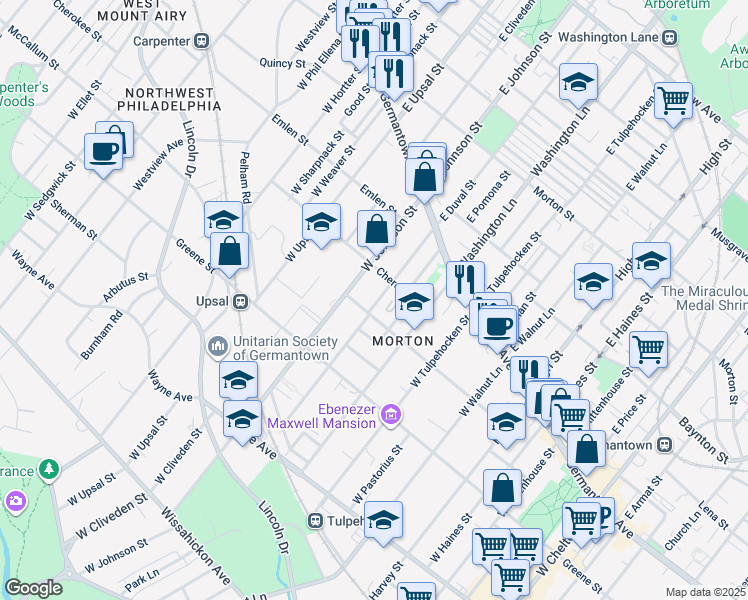 map of restaurants, bars, coffee shops, grocery stores, and more near 131 West Duval Street in Philadelphia