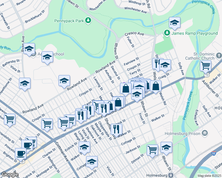 map of restaurants, bars, coffee shops, grocery stores, and more near 3428 Hartel Avenue in Philadelphia