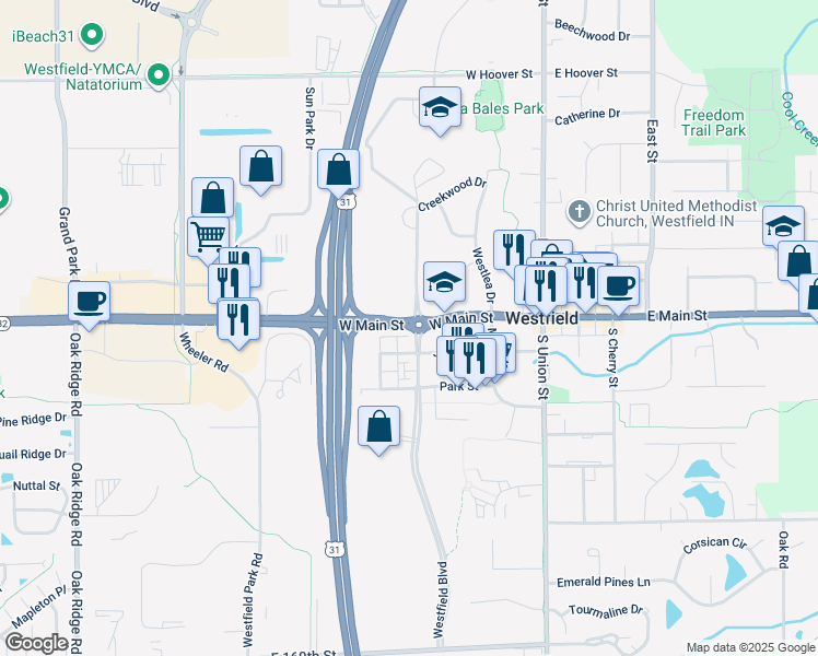 map of restaurants, bars, coffee shops, grocery stores, and more near 401 West Main Street in Westfield