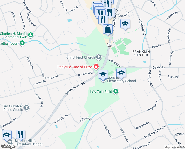 map of restaurants, bars, coffee shops, grocery stores, and more near 527 West Uwchlan Avenue in Downingtown