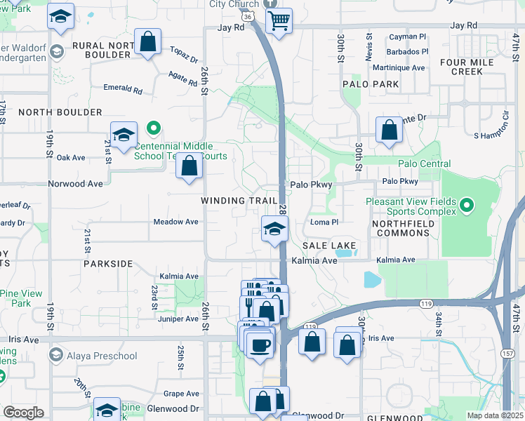 map of restaurants, bars, coffee shops, grocery stores, and more near 2724 Winding Trail Place in Boulder