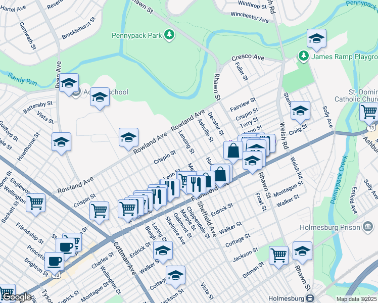 map of restaurants, bars, coffee shops, grocery stores, and more near 3412 Lansing Street in Philadelphia