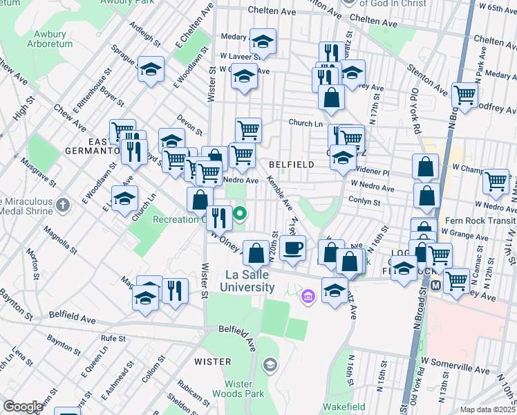 map of restaurants, bars, coffee shops, grocery stores, and more near 5749 North Lambert Street in Philadelphia