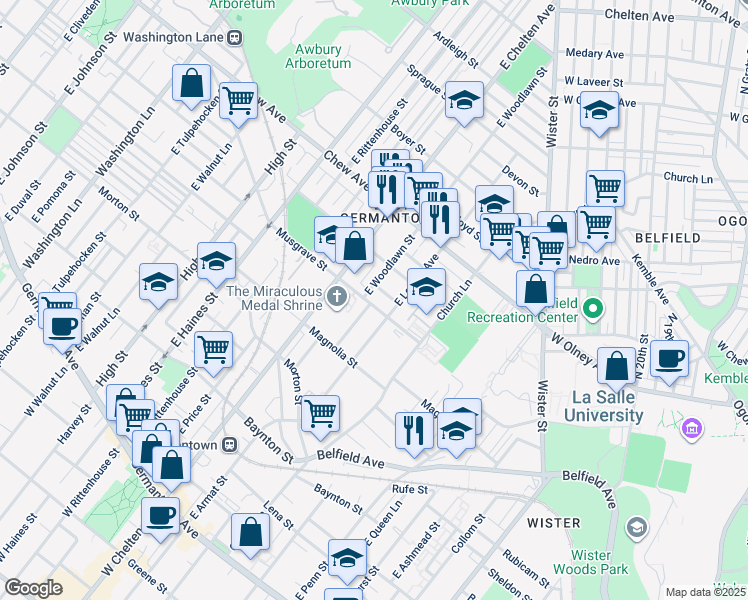 map of restaurants, bars, coffee shops, grocery stores, and more near 5629 Musgrave Street in Philadelphia