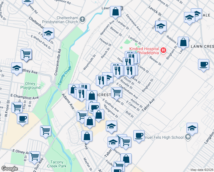 map of restaurants, bars, coffee shops, grocery stores, and more near 5738 SR 1001 in Philadelphia