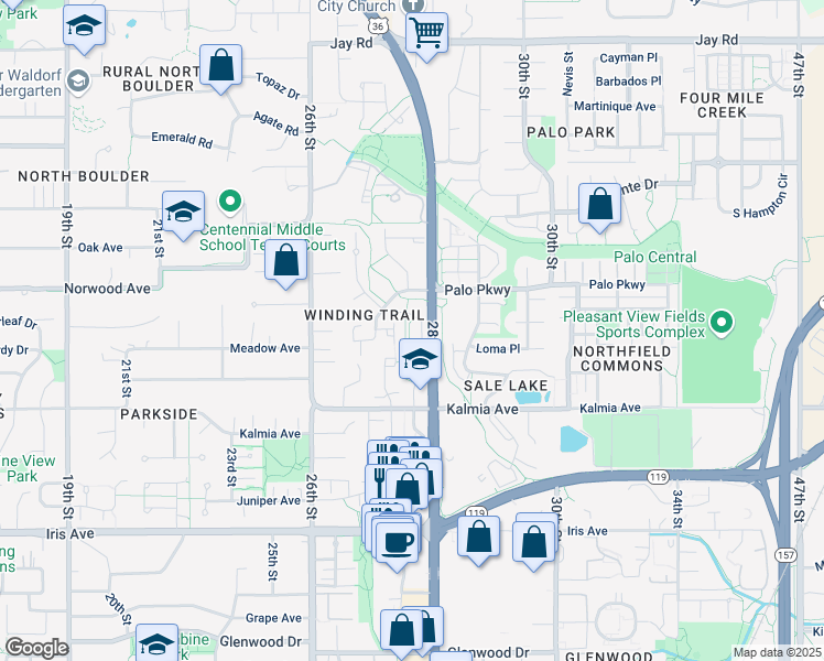 map of restaurants, bars, coffee shops, grocery stores, and more near 3725 Birchwood Drive in Boulder
