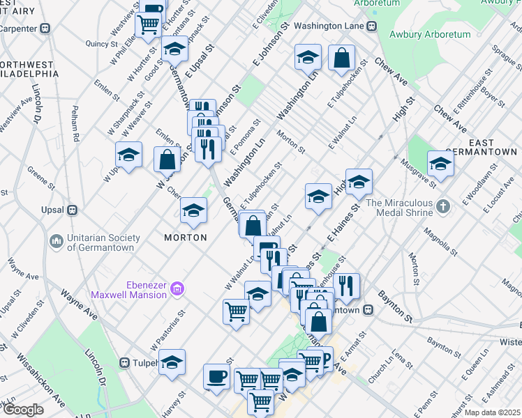 map of restaurants, bars, coffee shops, grocery stores, and more near 44 East Pastorius Street in Philadelphia