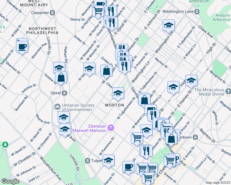 map of restaurants, bars, coffee shops, grocery stores, and more near 6326 Cherokee Street in Philadelphia