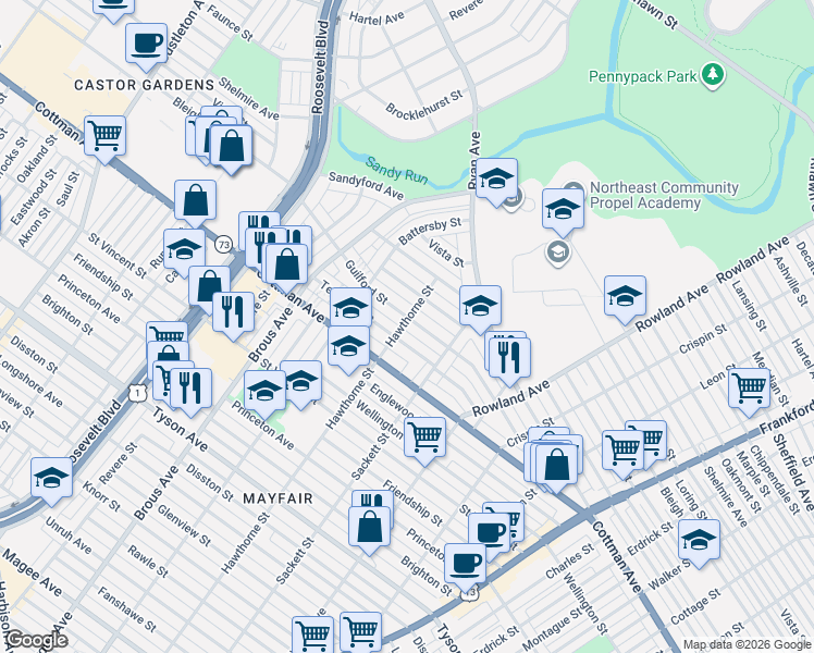 map of restaurants, bars, coffee shops, grocery stores, and more near 3100 Guilford Street in Philadelphia
