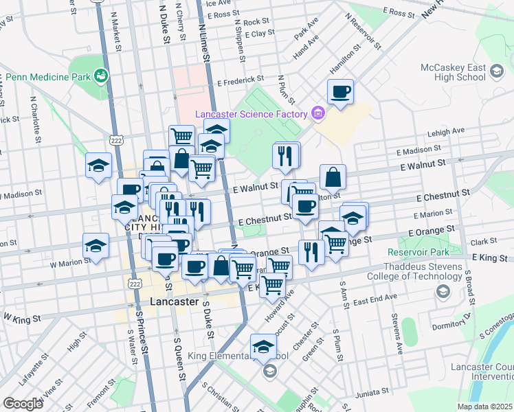map of restaurants, bars, coffee shops, grocery stores, and more near 224 North Shippen Street in Lancaster