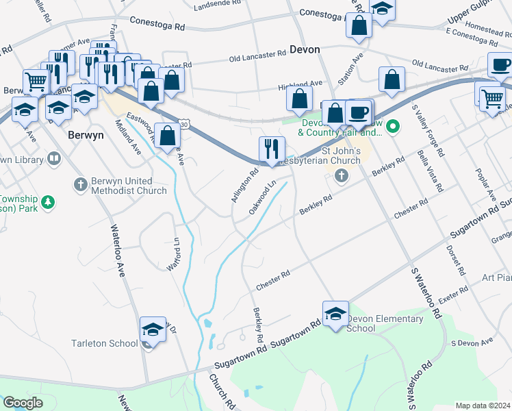map of restaurants, bars, coffee shops, grocery stores, and more near 334 Oakwood Lane in Devon