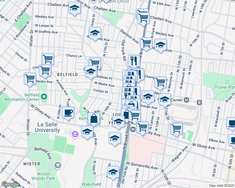 map of restaurants, bars, coffee shops, grocery stores, and more near 5840 North 15th Street in Philadelphia