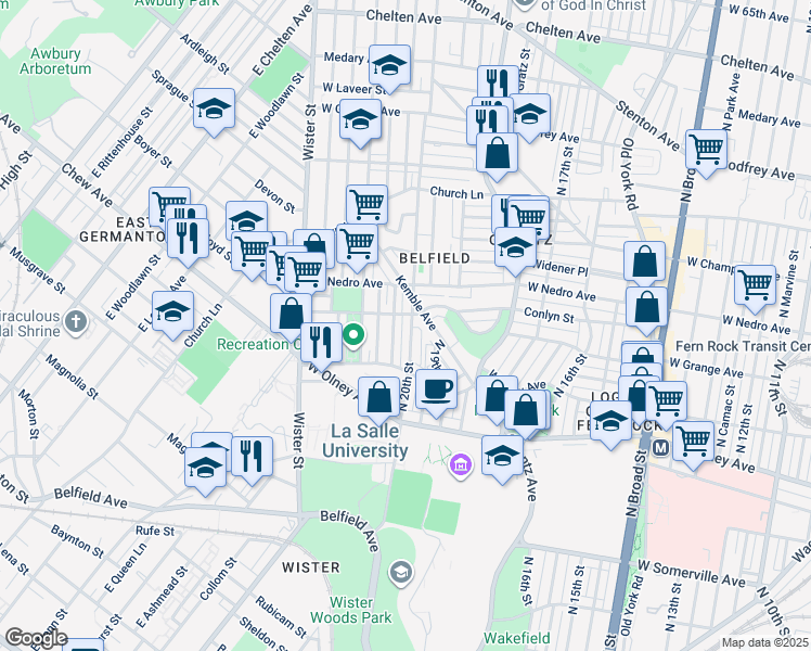 map of restaurants, bars, coffee shops, grocery stores, and more near 5762 North 20th Street in Philadelphia