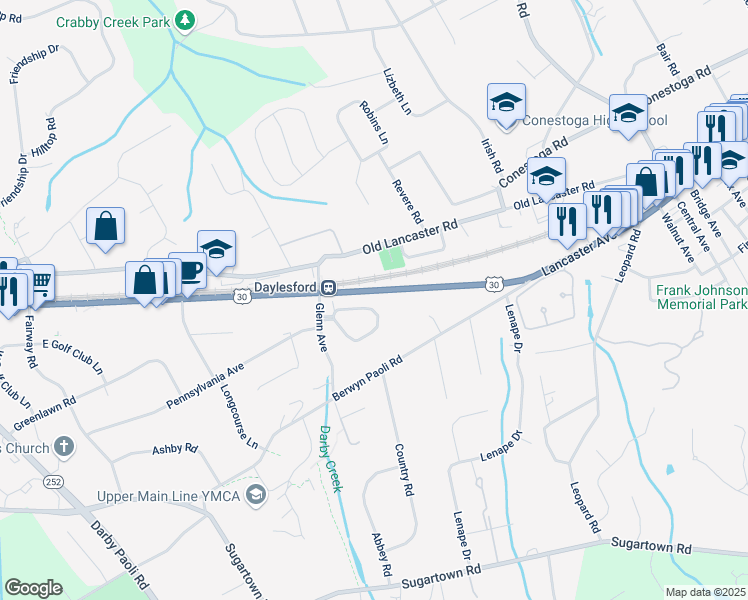 map of restaurants, bars, coffee shops, grocery stores, and more near 64 Oak Knoll Drive in Berwyn