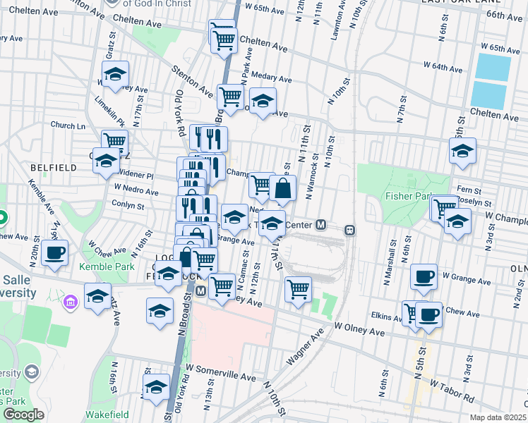 map of restaurants, bars, coffee shops, grocery stores, and more near 1205 West Nedro Avenue in Philadelphia
