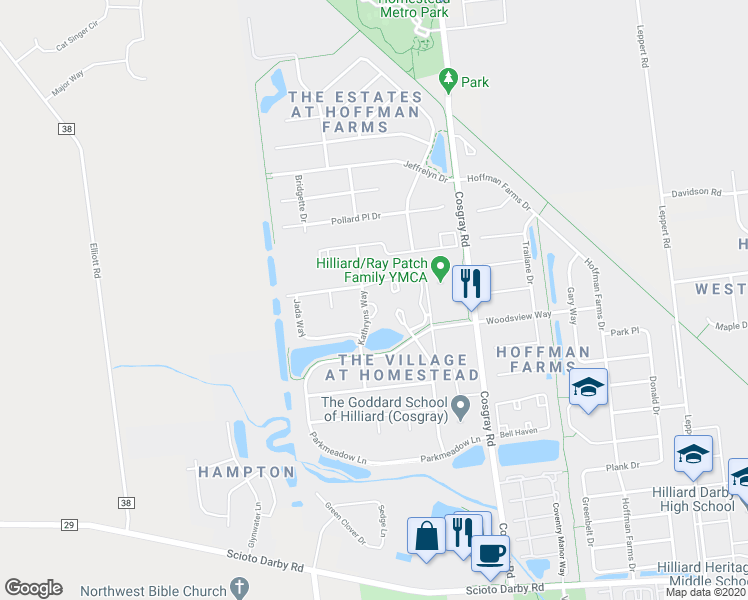 map of restaurants, bars, coffee shops, grocery stores, and more near 4506 Kathryns Way in Hilliard