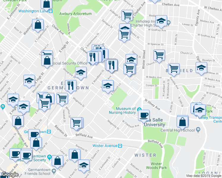 map of restaurants, bars, coffee shops, grocery stores, and more near 679 East Church Lane in Philadelphia