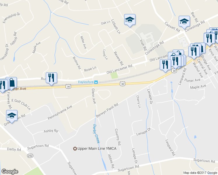 map of restaurants, bars, coffee shops, grocery stores, and more near 64 Oak Knoll Drive in Berwyn