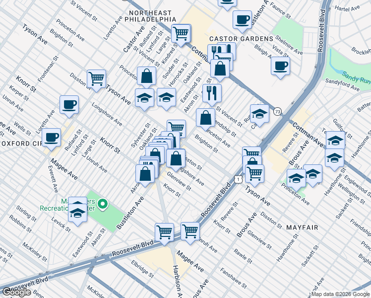 map of restaurants, bars, coffee shops, grocery stores, and more near 2106 Tyson Ave in Philadelphia