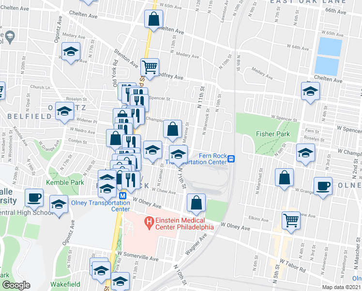 map of restaurants, bars, coffee shops, grocery stores, and more near 5900 North Marvine Street in Philadelphia