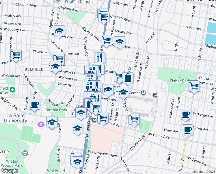 map of restaurants, bars, coffee shops, grocery stores, and more near 5850 North 13th Street in Philadelphia