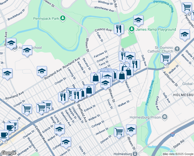 map of restaurants, bars, coffee shops, grocery stores, and more near 3529 Decatur Street in Philadelphia