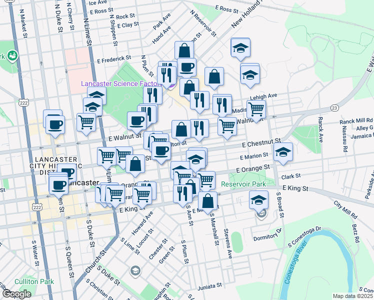 map of restaurants, bars, coffee shops, grocery stores, and more near 511 East Chestnut Street in Lancaster