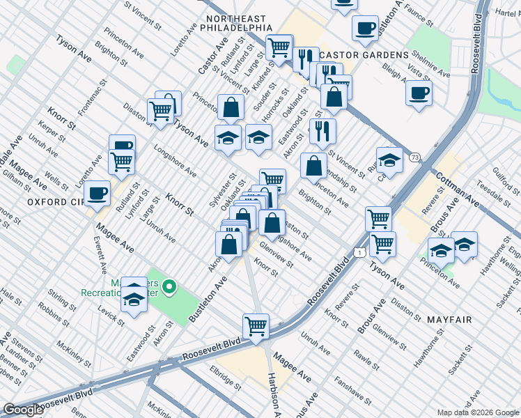 map of restaurants, bars, coffee shops, grocery stores, and more near 2034 Disston Street in Philadelphia