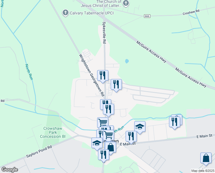 map of restaurants, bars, coffee shops, grocery stores, and more near 527 Sykesville Road in Wrightstown