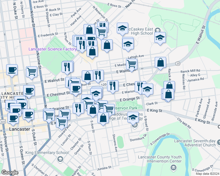map of restaurants, bars, coffee shops, grocery stores, and more near 642 East Chestnut Street in Lancaster
