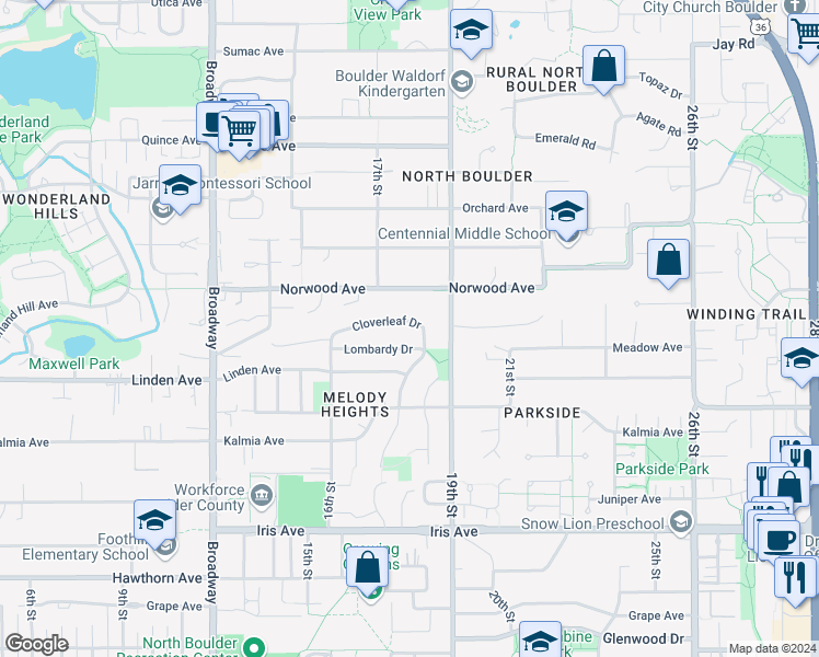 map of restaurants, bars, coffee shops, grocery stores, and more near 3821 Cloverleaf Drive in Boulder