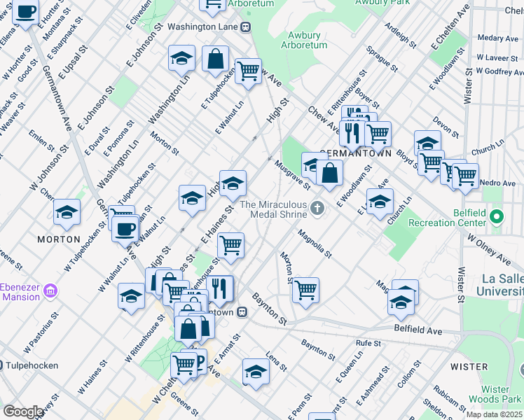 map of restaurants, bars, coffee shops, grocery stores, and more near 470 East Rittenhouse Street in Philadelphia