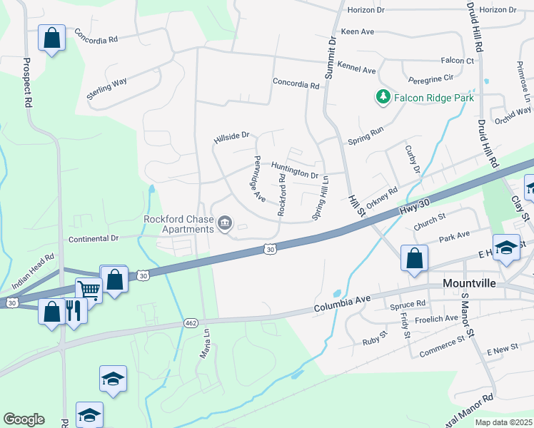 map of restaurants, bars, coffee shops, grocery stores, and more near 46 Spring Hill Ln in Mountville