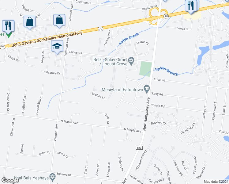 map of restaurants, bars, coffee shops, grocery stores, and more near 214 Sophee Lane in Lakewood Township