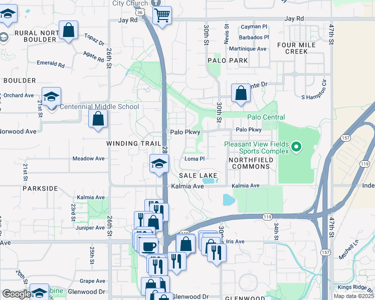 map of restaurants, bars, coffee shops, grocery stores, and more near 2856 Maya Place in Boulder