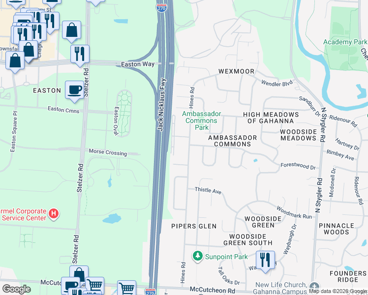 map of restaurants, bars, coffee shops, grocery stores, and more near 3375 Hines Road in Columbus